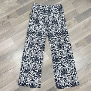 Ann Taylor Loft Floral Linen Palazzo Wide Leg Pants Blue‎ White 0